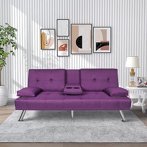 ERYE Modern Futon Sofa Loveseat Convertible Sleeper Couch Bed for Small Space Apartment Office Living Room Furniture Sets,Tufted Upholstered Love Seat Sofabed, Purple Linen 66.2"