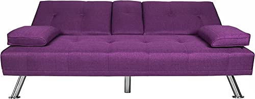 ERYE Modern Futon Sofa Loveseat Convertible Sleeper Couch Bed for Small Space Apartment Office Living Room Furniture Sets,Tufted Upholstered Love Seat Sofabed, Purple Linen 66.2"