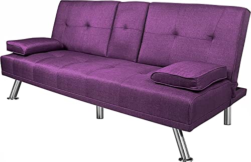 ERYE Modern Futon Sofa Loveseat Convertible Sleeper Couch Bed for Small Space Apartment Office Living Room Furniture Sets,Tufted Upholstered Love Seat Sofabed, Purple Linen 66.2"