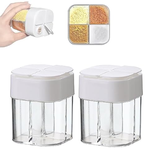 Spice Salt and Pepper Shakers, 4 In 1 Spice Jars,with Lid Plastic Spice Box, Travel Camping Seasoning Containers Transparent Cooking Spice Dispenser (White)