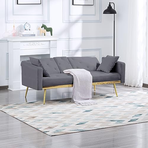 ERYE Modern Futon Sofa Loveseat Convertible Sleeper Couch Bed for Small Space Apartment Office Living Room Furniture Sets, Upholstered Love Seat Sofabed, Gray Velvet Tufted with 2 Cupholders