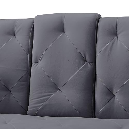 ERYE Modern Futon Sofa Loveseat Convertible Sleeper Couch Bed for Small Space Apartment Office Living Room Furniture Sets, Upholstered Love Seat Sofabed, Gray Velvet Tufted with 2 Cupholders
