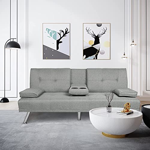 ERYE Upholstered Futon Sofa Sitting Space Loveseat Convertible Sleeper Couch Bed for Apartment Office Home Gym Living Room Furniture Sets Sofabed, Light Gray Linen Tufted Metal Legs with 2 Cupholders