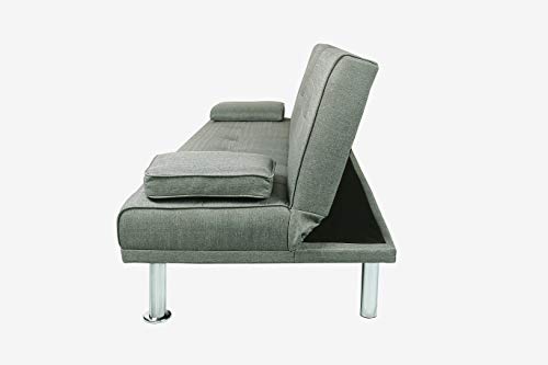 ERYE Upholstered Futon Sofa Sitting Space Loveseat Convertible Sleeper Couch Bed for Apartment Office Home Gym Living Room Furniture Sets Sofabed, Light Gray Linen Tufted Metal Legs with 2 Cupholders