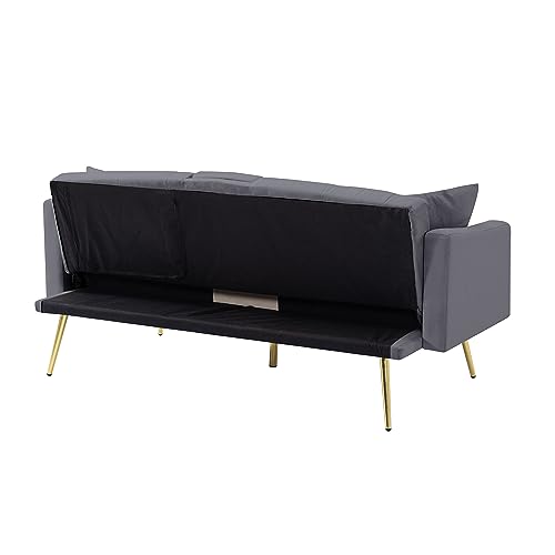 ERYE Modern Futon Sofa Loveseat Convertible Sleeper Couch Bed for Small Space Apartment Office Living Room Furniture Sets, Upholstered Love Seat Sofabed, Gray Velvet Tufted with 2 Cupholders