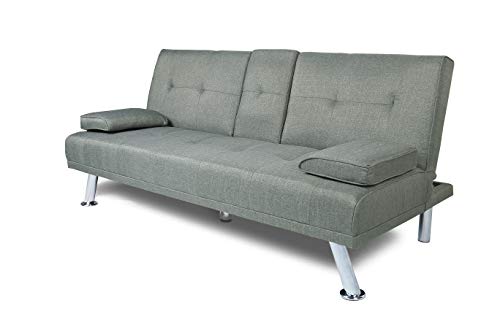 ERYE Upholstered Futon Sofa Sitting Space Loveseat Convertible Sleeper Couch Bed for Apartment Office Home Gym Living Room Furniture Sets Sofabed, Light Gray Linen Tufted Metal Legs with 2 Cupholders