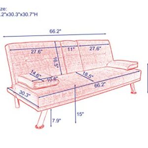 ERYE Upholstered Futon Sofa Sitting Space Loveseat Convertible Sleeper Couch Bed for Apartment Office Home Gym Living Room Furniture Sets Sofabed, Light Gray Linen Tufted Metal Legs with 2 Cupholders