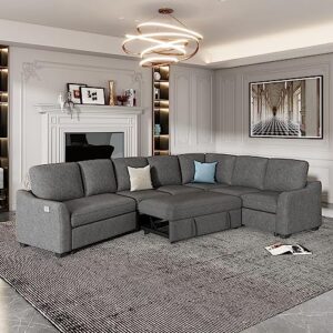 p purlove sectional sofa for living room, sectional sleeper sofa with pull-out bed, modern couch with usb charging port, upholstered l-shaped sofa couch for bedroom, large space(gray)