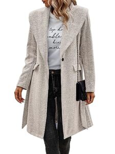 ecowish women coat long jacket: winter fashion long sleeve lapel casual overcoat with belt beige large