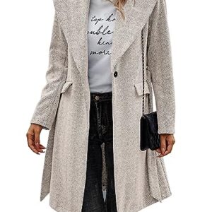 ECOWISH Women Coat Long Jacket: Winter Fashion Long Sleeve Lapel Casual Overcoat With Belt Beige Large