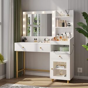 aogllati vanity desk with mirror and lights in 3 colors, makeup vanity with lights and drawers,white vanity table with charging station, makeup desk with unique separation design