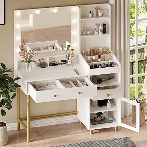 AOGLLATI Vanity Desk with Mirror and Lights in 3 Colors, Makeup Vanity with Lights and Drawers,White Vanity Table with Charging Station, Makeup Desk with Unique Separation Design