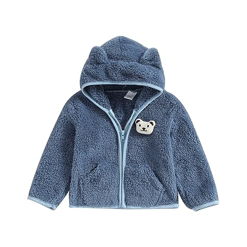 Meiweileya Baby Girl Boy Fleece Zip Up Hoodie Bear Ears Fuzzy Jacket Hooded Teddy Coat Winter Shacket Warm Outwear Cute Cardigan Top (Light Blue, 12-18 Months)