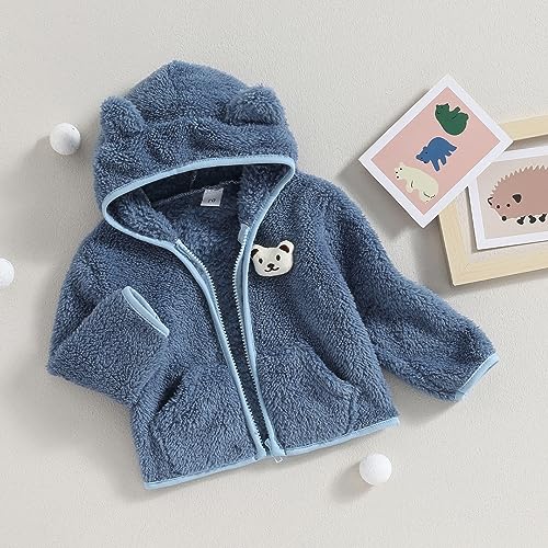 Meiweileya Baby Girl Boy Fleece Zip Up Hoodie Bear Ears Fuzzy Jacket Hooded Teddy Coat Winter Shacket Warm Outwear Cute Cardigan Top (Light Blue, 12-18 Months)