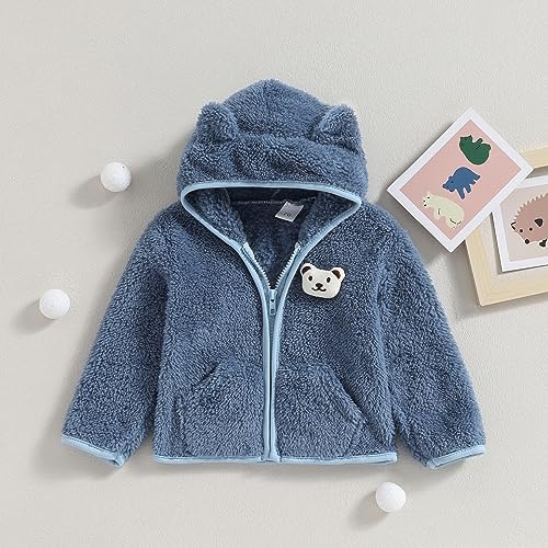 Meiweileya Baby Girl Boy Fleece Zip Up Hoodie Bear Ears Fuzzy Jacket Hooded Teddy Coat Winter Shacket Warm Outwear Cute Cardigan Top (Light Blue, 12-18 Months)