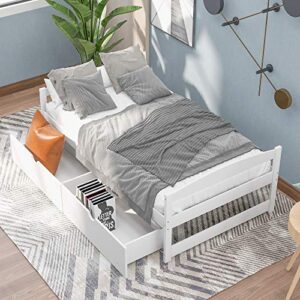 pociyihome wooden daybed with two drawers, twin size platform bed with clean lines, modern daybed with slats support, suitable for bedroom,living room and office, no box spring needed, white