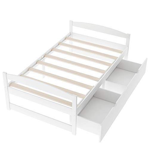 POCIYIHOME Wooden Daybed with Two Drawers, Twin Size Platform Bed with Clean Lines, Modern Daybed with Slats Support, Suitable for Bedroom,Living Room and Office, No Box Spring Needed, White