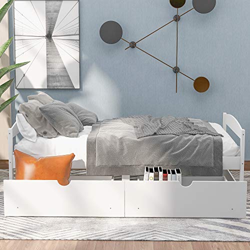 POCIYIHOME Wooden Daybed with Two Drawers, Twin Size Platform Bed with Clean Lines, Modern Daybed with Slats Support, Suitable for Bedroom,Living Room and Office, No Box Spring Needed, White