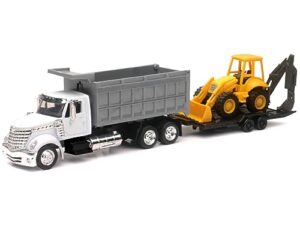 international lonestar dump truck white and wheel loader yellow with flatbed trailer long haul truckers series 1/43 diecast model by new ray 16633a