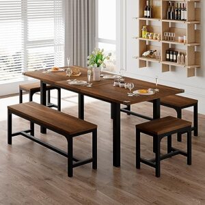 feonase 5-piece dining table set for 6-10 people, 63" large extendable kitchen table set with 2 benches and 2 square stools, dining room table with mdf wood board, easy assembly, walnut