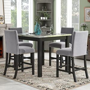 Lestar Bar Table Set for 5 pcs, Faux Marble Dining Table top with 4 Upholstered-Seat Wood Frame Bar Chairs (Table 40" x 40", 4 Grey Chairs)