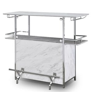 furniture of america linda glam faux marble multi-storage bar table with comfortable footrest for dining room, kitchen, white and chrome