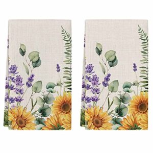 kitchen towels set of 2 green leave tea dish towels and dishcloths sets decorative tea towel yellow sunflower purple lavender absorbent hand towels for kitchen drying bathroom decor gift 18x28 inch