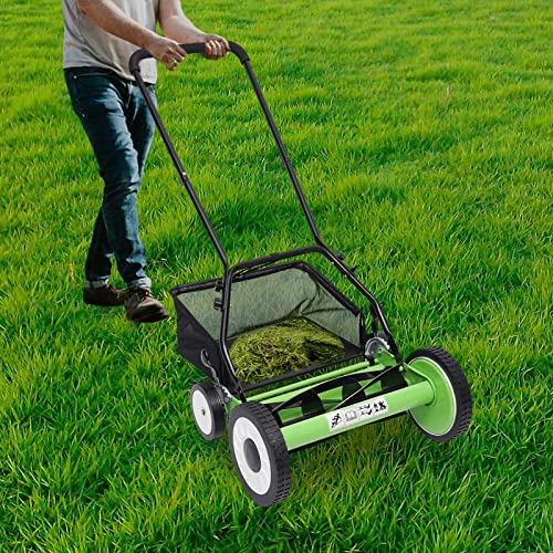 Wheeled 5-Blade Lawn Mower,16-Inch Manual Reel Mower Adjustable Handheld Weeder/Cutting,Push Lawn Sweeper for Graden (Four Wheeled)