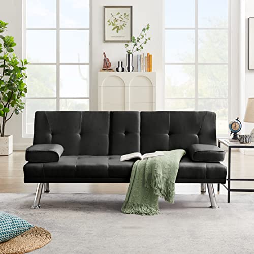 Verfur Modern Futon Sofa Bed-Compact Design for Small Spaces-Comfort Convertible Sleeper Loveseat Couch with for Premium Fabric Sofabed, Black w/Metal Legs
