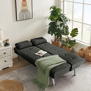 Verfur Modern Futon Sofa Bed-Compact Design for Small Spaces-Comfort Convertible Sleeper Loveseat Couch with for Premium Fabric Sofabed, Black w/Metal Legs