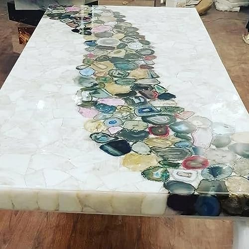 24 x 48 Inches Agate Stone Epoxy Art Sofa Center Table Top Rectangle Marble Dining Table with River Design