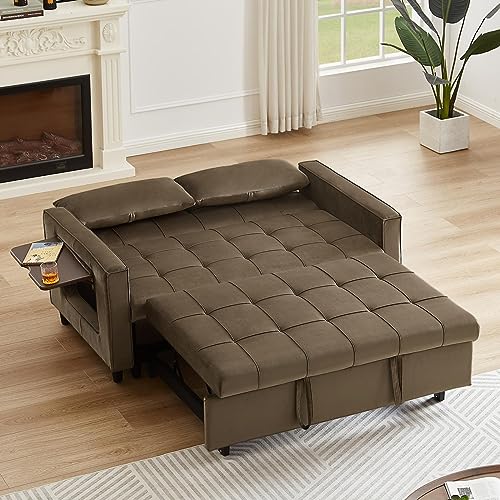 Convertible Sofa Bed Pull Out Couch Sleeper Modern Velvet Loveseat Couch Futon Sofá Bed w/Reclining Backrest,Side Coffee Table,2 Pillows,Lounge Sofa for Living Room Apartment Home Office,Light Brown