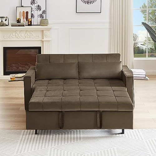 Convertible Sofa Bed Pull Out Couch Sleeper Modern Velvet Loveseat Couch Futon Sofá Bed w/Reclining Backrest,Side Coffee Table,2 Pillows,Lounge Sofa for Living Room Apartment Home Office,Light Brown