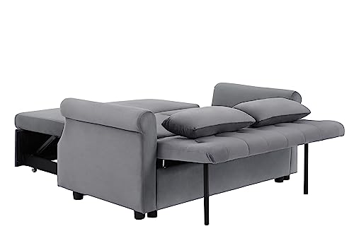 BIADNBZ Futon 55'' Convertible Sleeper Sofa Velvet Fabric w/Pullout Bed,Small Loveseat w/Adjustable Backrest, 2 Lumbar Pillows&Removable Armrest, Couches for Living Room, Gray