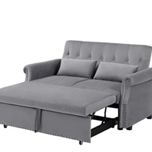 BIADNBZ Futon 55'' Convertible Sleeper Sofa Velvet Fabric w/Pullout Bed,Small Loveseat w/Adjustable Backrest, 2 Lumbar Pillows&Removable Armrest, Couches for Living Room, Gray