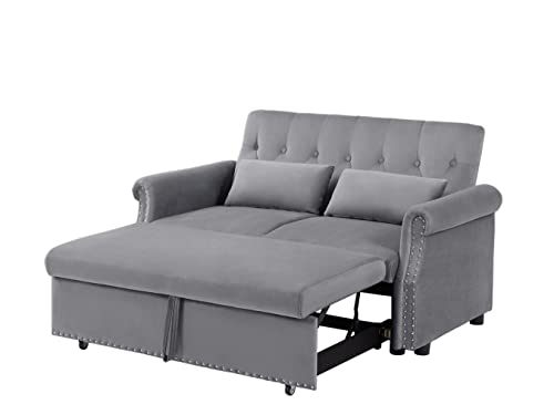 BIADNBZ Futon 55'' Convertible Sleeper Sofa Velvet Fabric w/Pullout Bed,Small Loveseat w/Adjustable Backrest, 2 Lumbar Pillows&Removable Armrest, Couches for Living Room, Gray