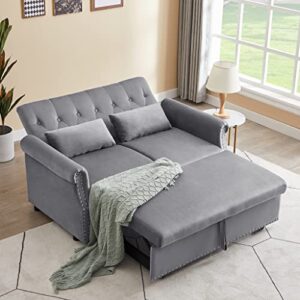 biadnbz futon 55'' convertible sleeper sofa velvet fabric w/pullout bed,small loveseat w/adjustable backrest, 2 lumbar pillows&removable armrest, couches for living room, gray