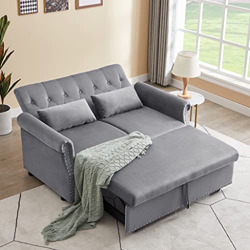 BIADNBZ Futon 55'' Convertible Sleeper Sofa Velvet Fabric w/Pullout Bed,Small Loveseat w/Adjustable Backrest, 2 Lumbar Pillows&Removable Armrest, Couches for Living Room, Gray