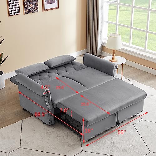 BIADNBZ Futon 55'' Convertible Sleeper Sofa Velvet Fabric w/Pullout Bed,Small Loveseat w/Adjustable Backrest, 2 Lumbar Pillows&Removable Armrest, Couches for Living Room, Gray