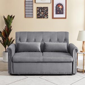 BIADNBZ Futon 55'' Convertible Sleeper Sofa Velvet Fabric w/Pullout Bed,Small Loveseat w/Adjustable Backrest, 2 Lumbar Pillows&Removable Armrest, Couches for Living Room, Gray