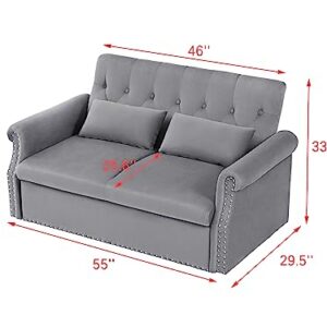 BIADNBZ Futon 55'' Convertible Sleeper Sofa Velvet Fabric w/Pullout Bed,Small Loveseat w/Adjustable Backrest, 2 Lumbar Pillows&Removable Armrest, Couches for Living Room, Gray