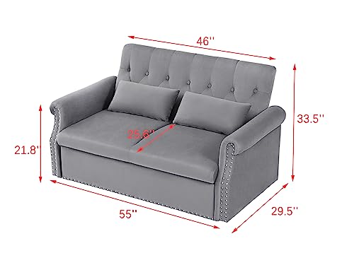 BIADNBZ Futon 55'' Convertible Sleeper Sofa Velvet Fabric w/Pullout Bed,Small Loveseat w/Adjustable Backrest, 2 Lumbar Pillows&Removable Armrest, Couches for Living Room, Gray