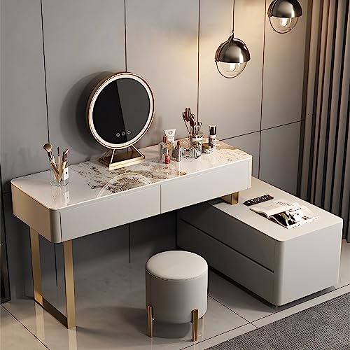 YIMAKEY Luxury Makeup Vanity Table Set with Intelligent LED Mirror and Microfiber Leather Chair - Ample Storage Space, Superior Materials, for Loved Ones (31 inches)