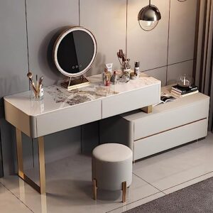 YIMAKEY Luxury Makeup Vanity Table Set with Intelligent LED Mirror and Microfiber Leather Chair - Ample Storage Space, Superior Materials, for Loved Ones (31 inches)