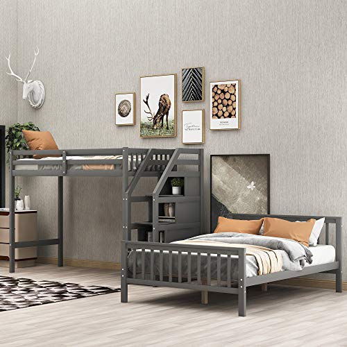 BOVZA Twin Over Full Bunk Bed with Stairs, Twin Size Loft Bed with Storage Staircase & Full Platform Bed, Wooden Bunk Beds for Kids Teens Adults, Gray