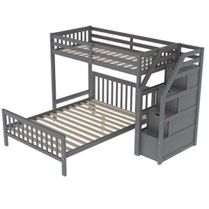 BOVZA Twin Over Full Bunk Bed with Stairs, Twin Size Loft Bed with Storage Staircase & Full Platform Bed, Wooden Bunk Beds for Kids Teens Adults, Gray