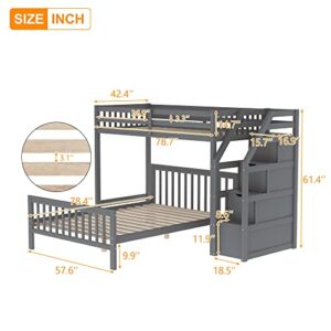 BOVZA Twin Over Full Bunk Bed with Stairs, Twin Size Loft Bed with Storage Staircase & Full Platform Bed, Wooden Bunk Beds for Kids Teens Adults, Gray