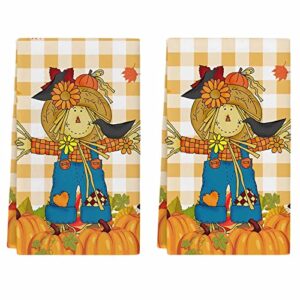 kitchen towels reversible for drying dishes, thanksgiving scarecrow maple leaf fall pumpkin set of 2 dishcloths cotton hand towels, absorbent dish towels for kitchen counter tea towels 18"x 28"