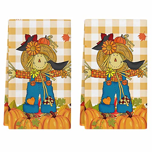 Kitchen Towels Reversible for Drying Dishes, Thanksgiving Scarecrow Maple Leaf Fall Pumpkin Set of 2 Dishcloths Cotton Hand Towels, Absorbent Dish Towels for Kitchen Counter Tea Towels 18"x 28"