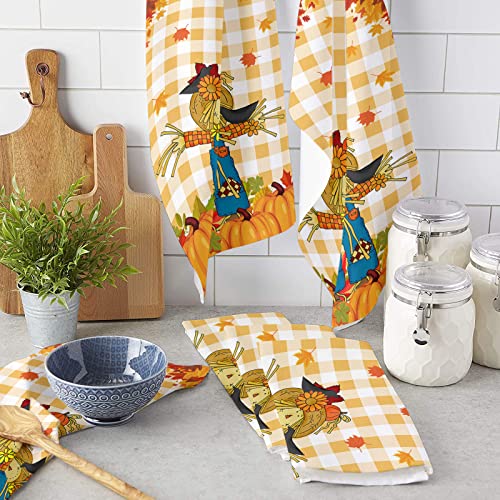 Kitchen Towels Reversible for Drying Dishes, Thanksgiving Scarecrow Maple Leaf Fall Pumpkin Set of 2 Dishcloths Cotton Hand Towels, Absorbent Dish Towels for Kitchen Counter Tea Towels 18"x 28"